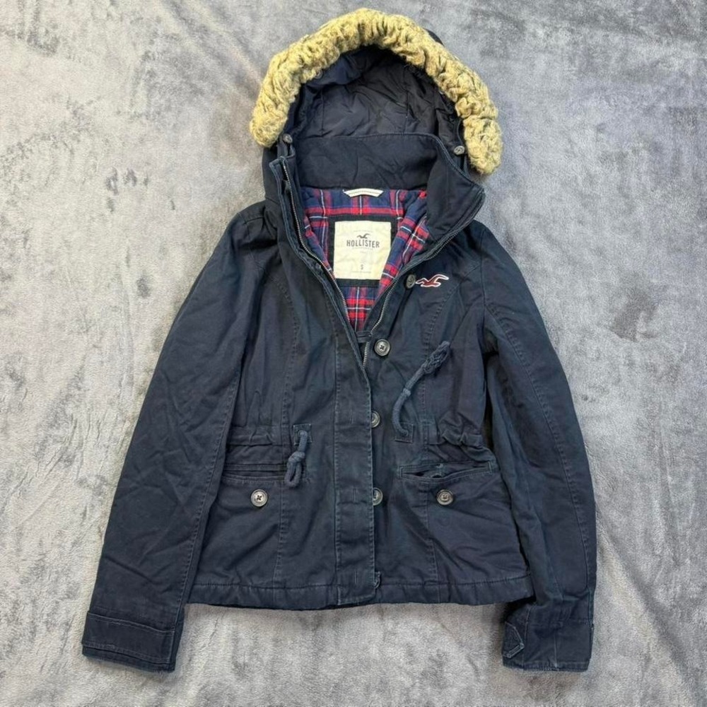 Hollister Jacket Women's Small Navy Blue Faux Fur Hood Plaid Lined Parka